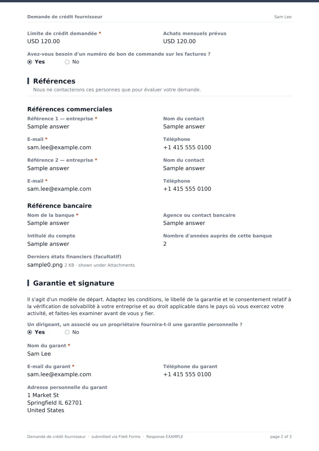 Demande de crédit fournisseur — exemple de réponse au format PDF, page 2 sur 3