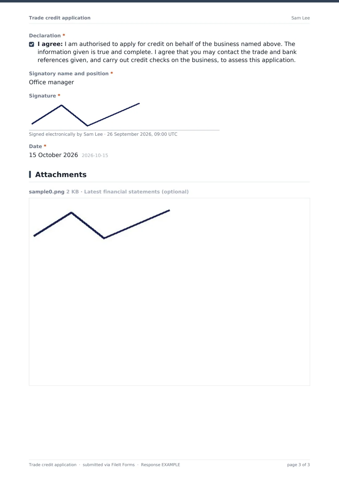 Trade credit application — example response PDF, page 3 of 3