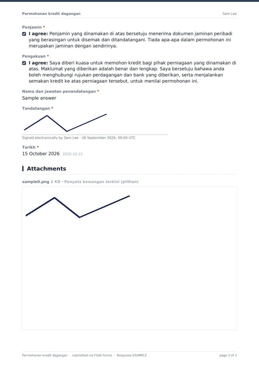 Permohonan kredit dagangan — PDF respons contoh, halaman 3 daripada 3
