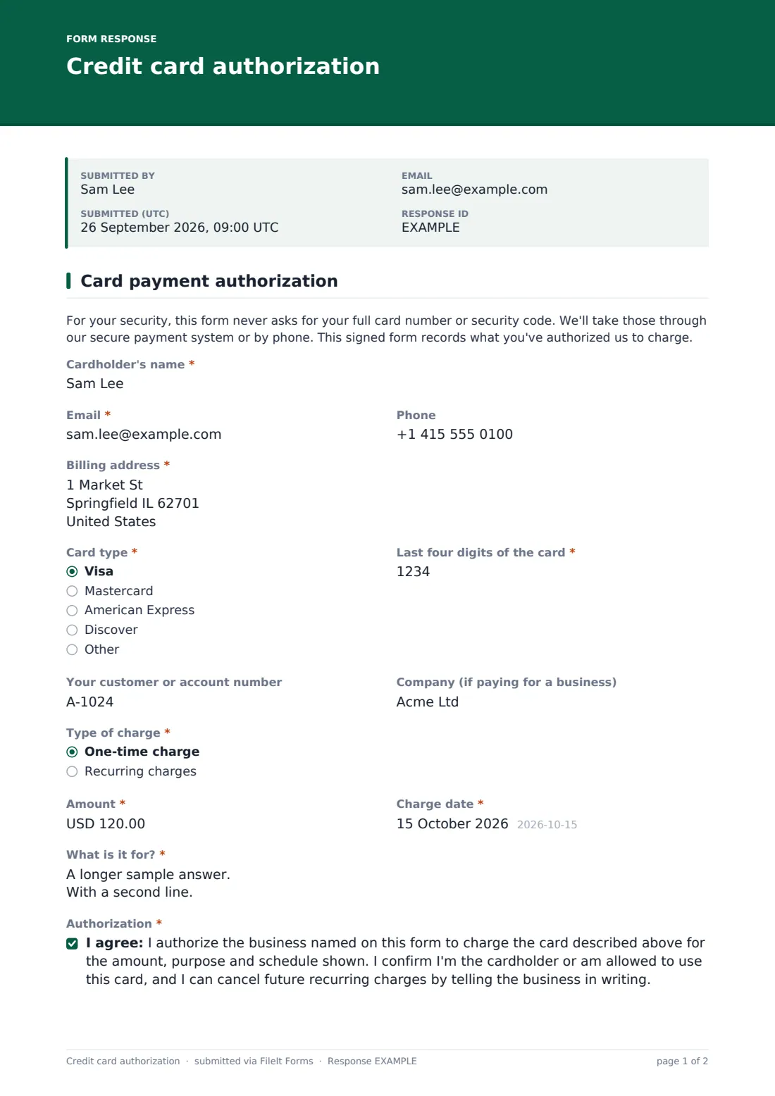 Credit card authorization — example response PDF, page 1 of 2