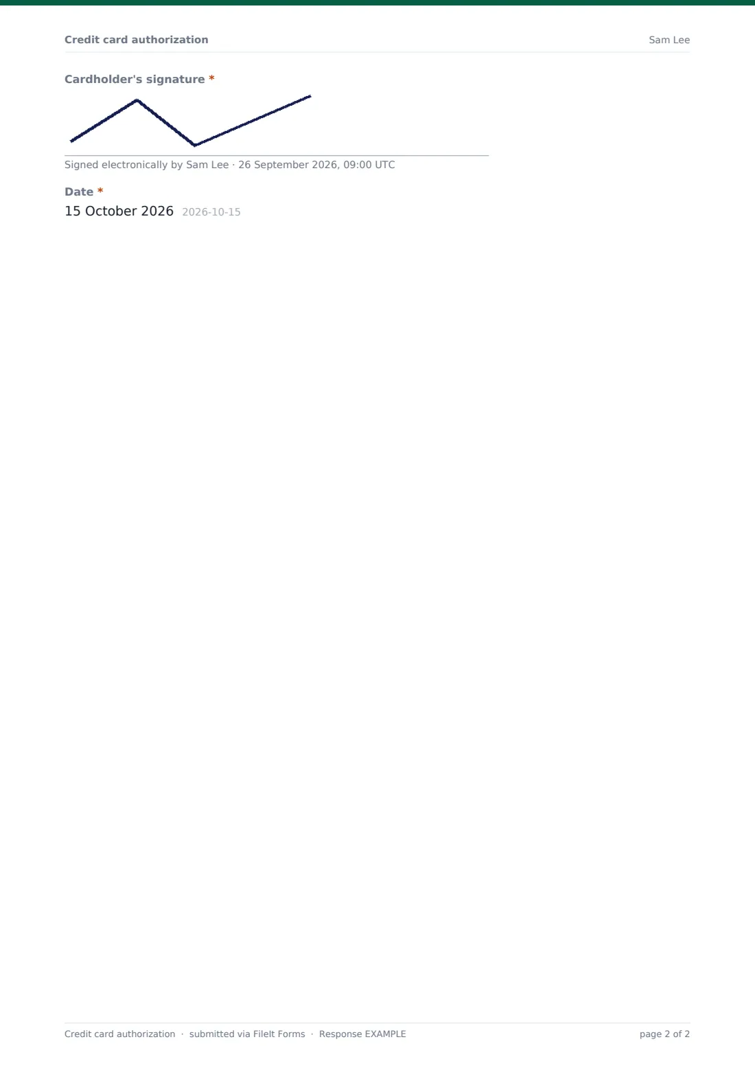 Credit card authorization — example response PDF, page 2 of 2