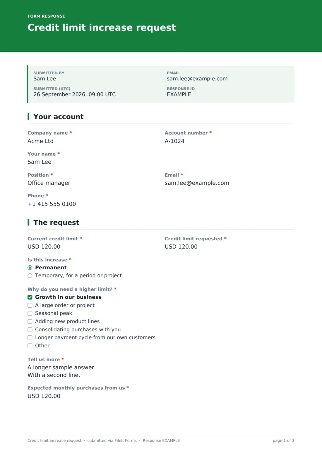 Credit limit increase request — example response PDF, page 1 of 3