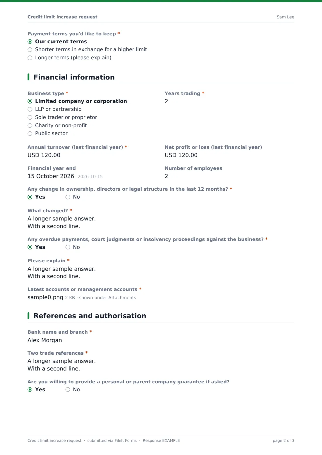 Credit limit increase request — example response PDF, page 2 of 3