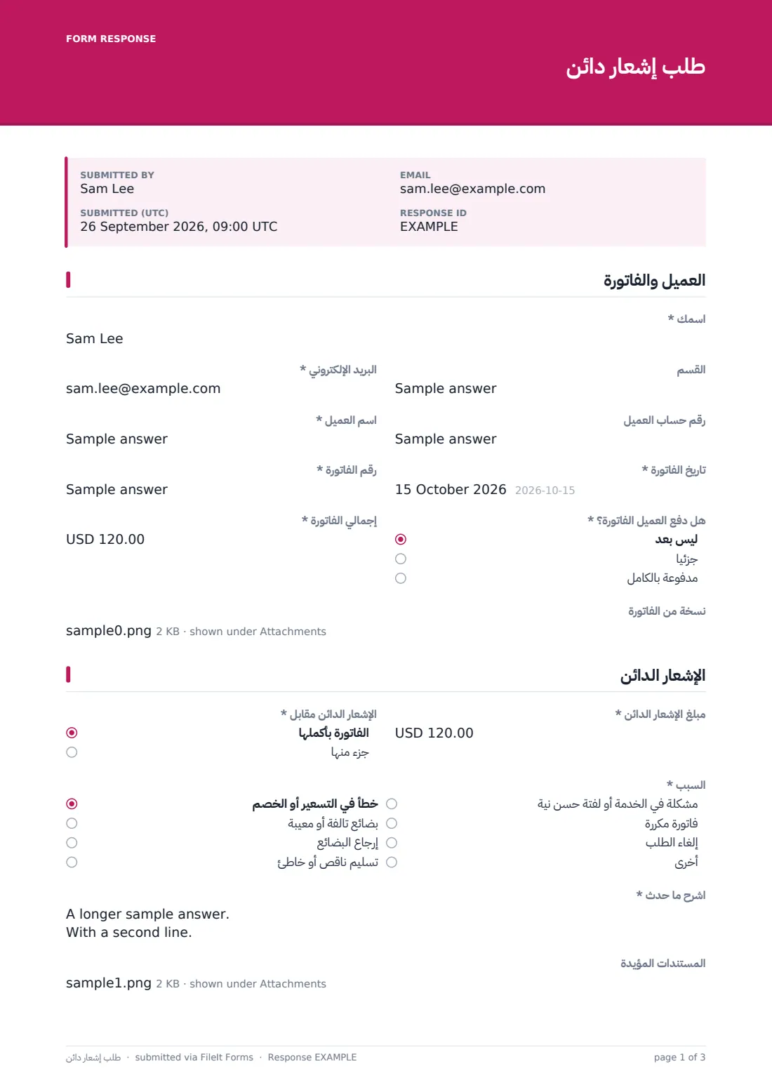 طلب إشعار دائن — ملف PDF لرد نموذجي، الصفحة 1 من 3