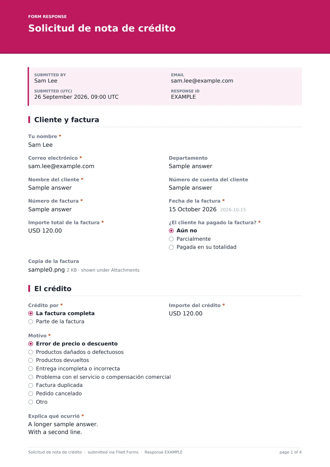 Solicitud de nota de crédito — PDF de respuesta de ejemplo, página 1 de 4