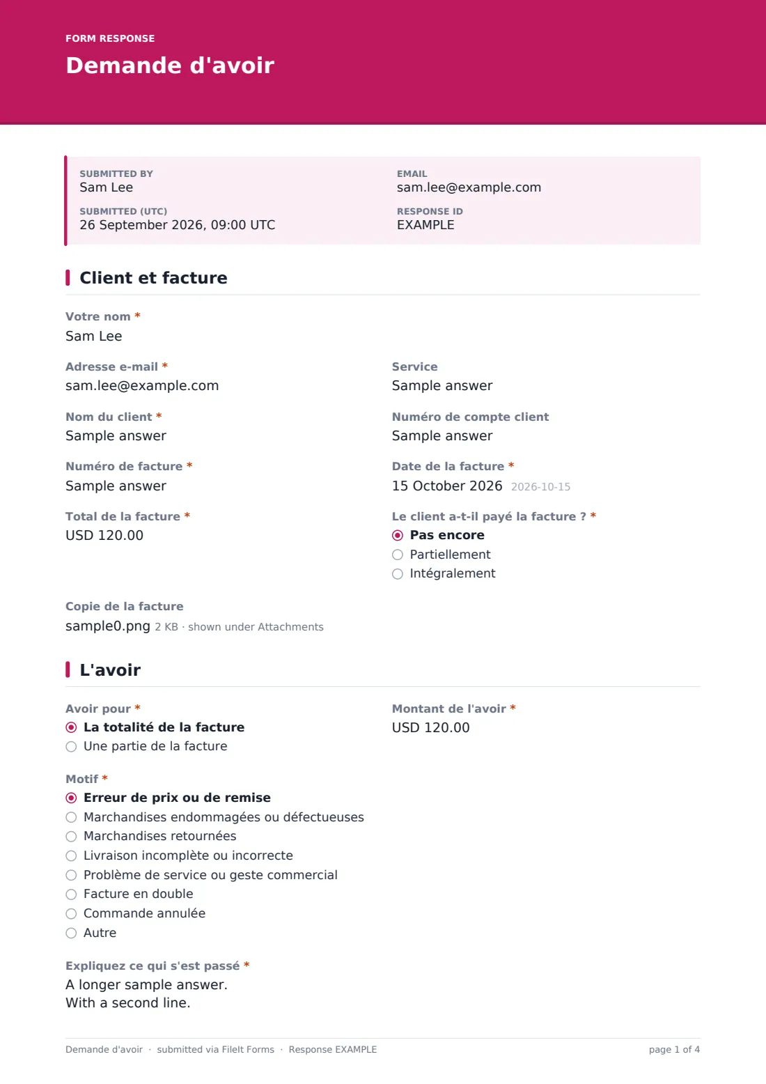 Demande d'avoir — exemple de réponse au format PDF, page 1 sur 4