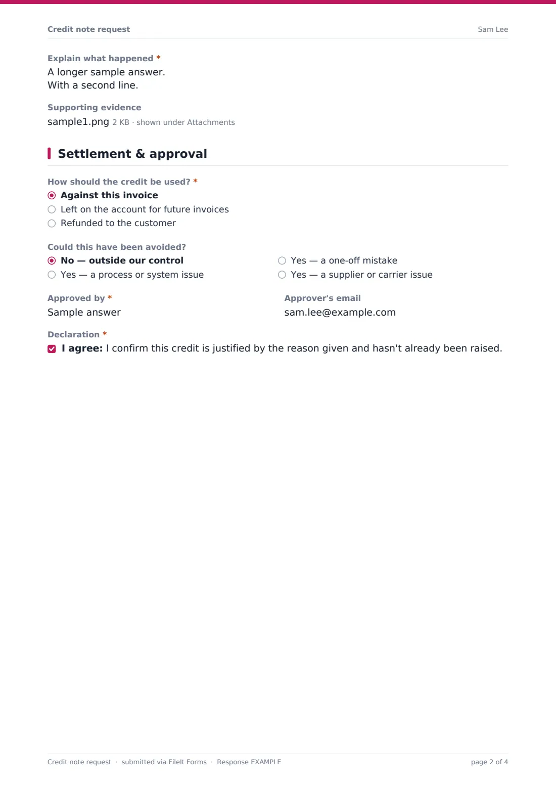 Credit note request — example response PDF, page 2 of 4