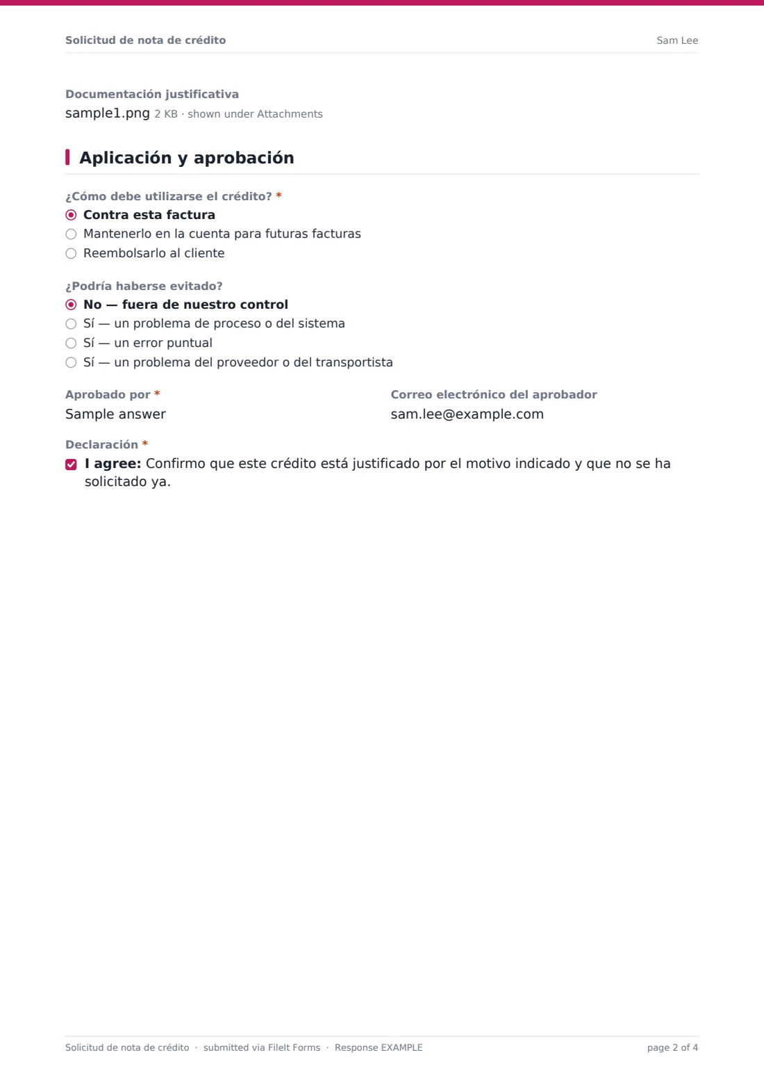 Solicitud de nota de crédito — PDF de respuesta de ejemplo, página 2 de 4