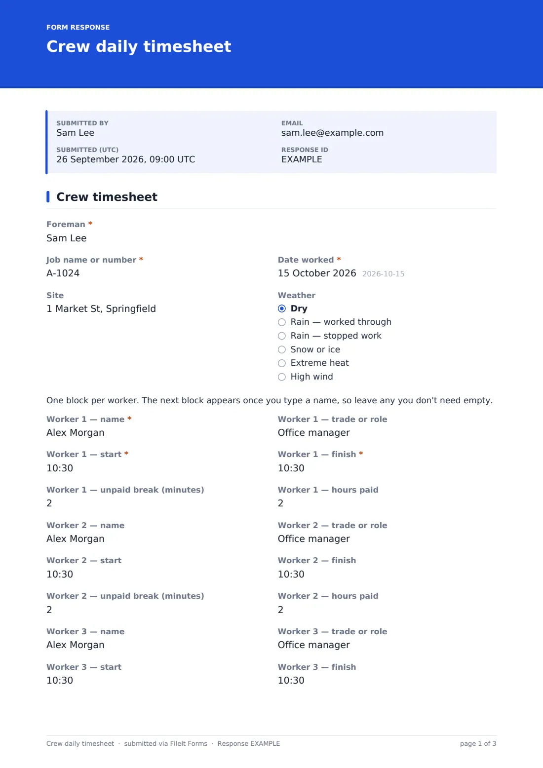 Crew daily timesheet — example response PDF, page 1 of 3