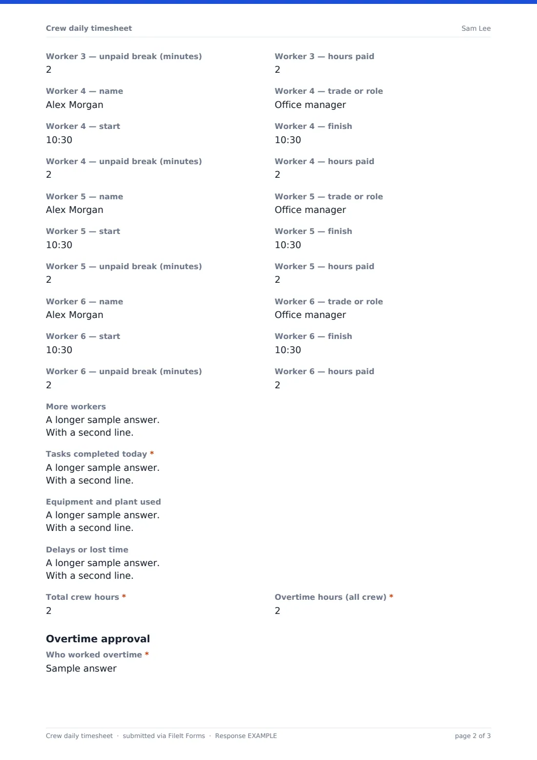 Crew daily timesheet — example response PDF, page 2 of 3