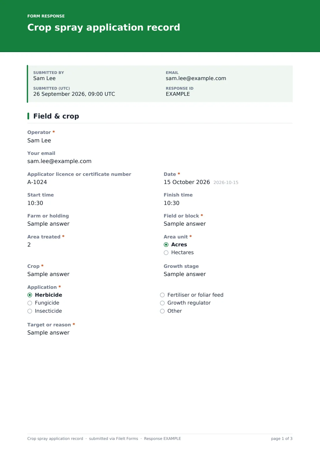 Crop spray application record — example response PDF, page 1 of 3