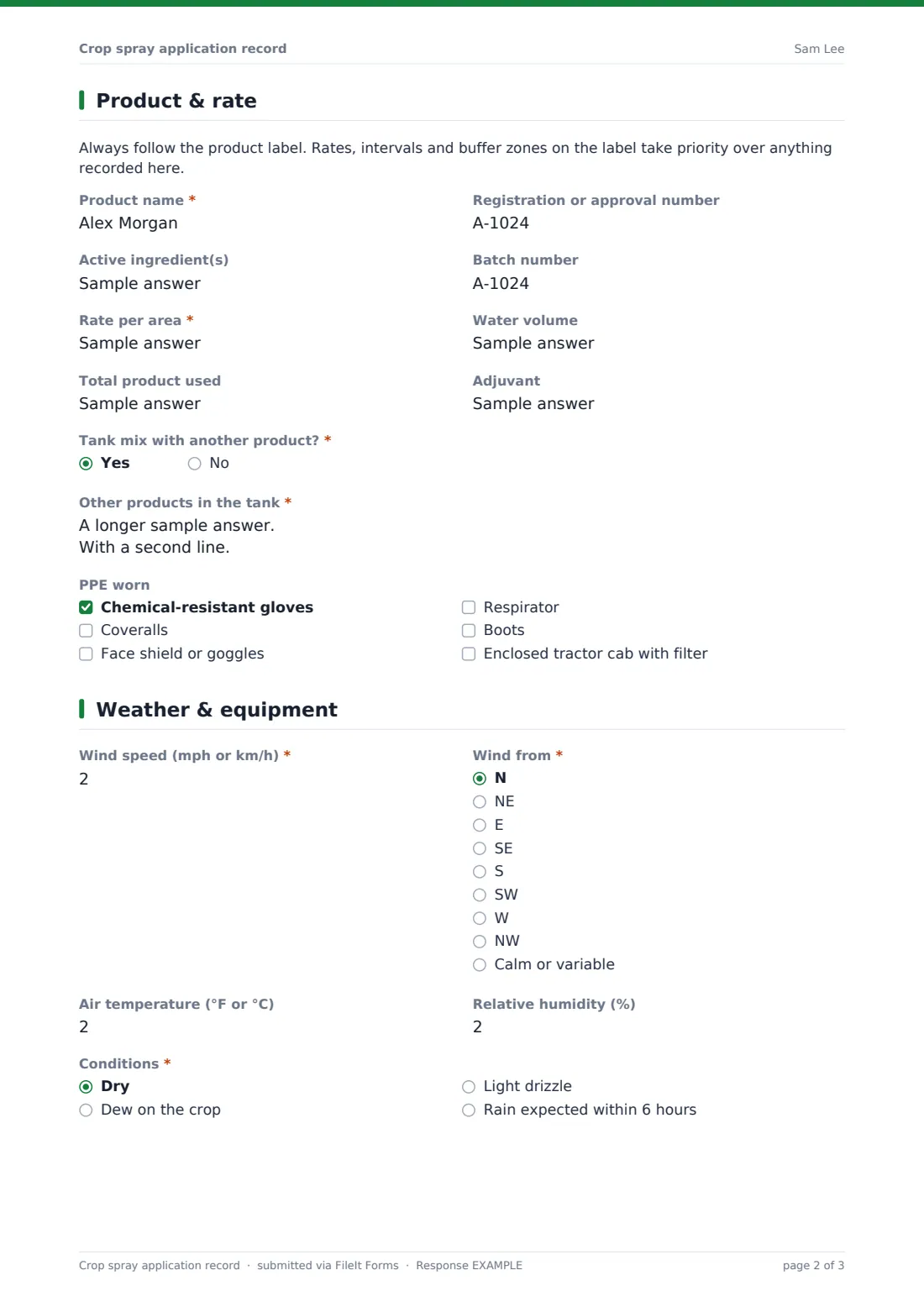 Crop spray application record — example response PDF, page 2 of 3