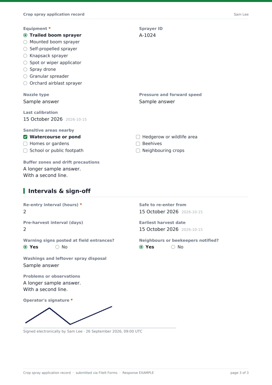 Crop spray application record — example response PDF, page 3 of 3