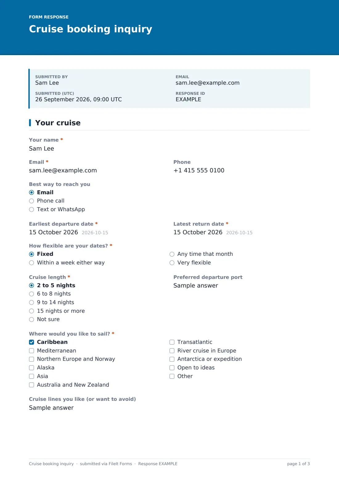 Cruise booking inquiry — example response PDF, page 1 of 3