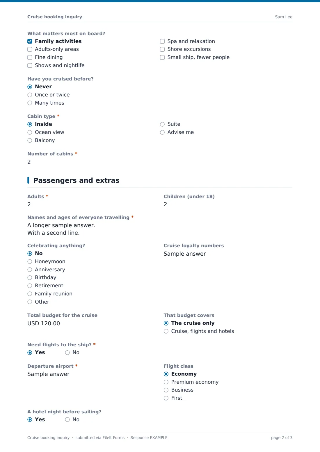 Cruise booking inquiry — example response PDF, page 2 of 3
