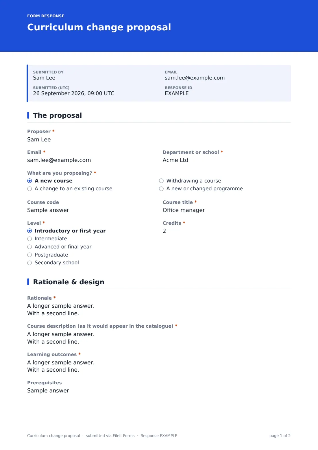 Curriculum change proposal — example response PDF, page 1 of 2