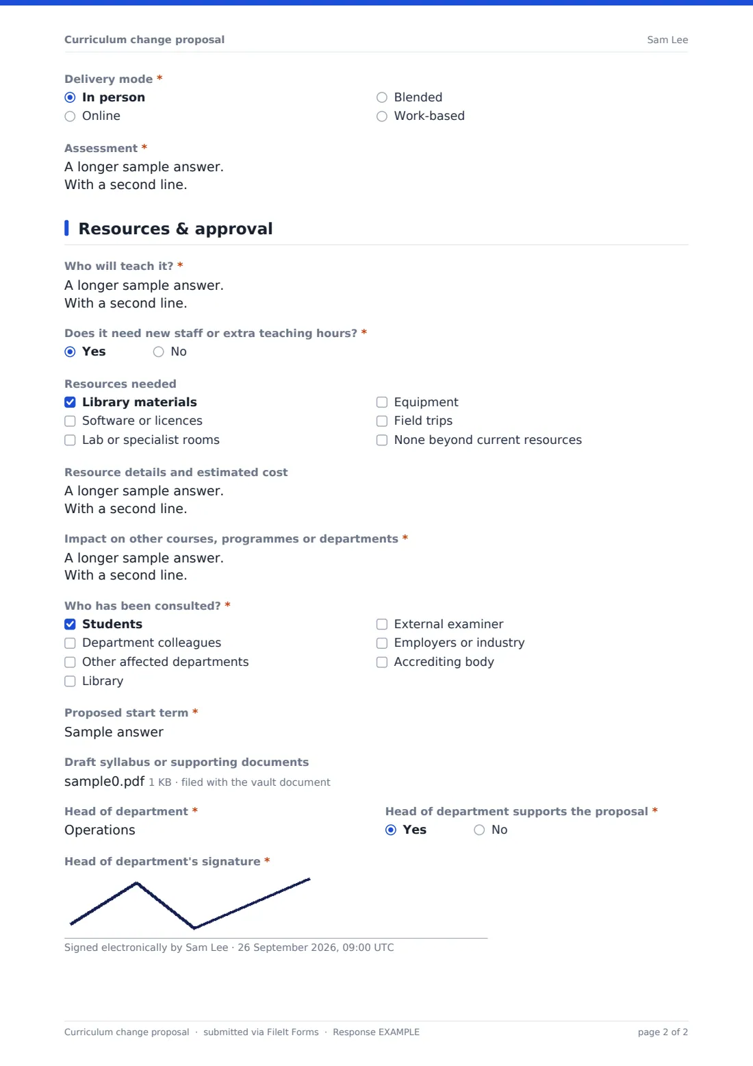Curriculum change proposal — example response PDF, page 2 of 2