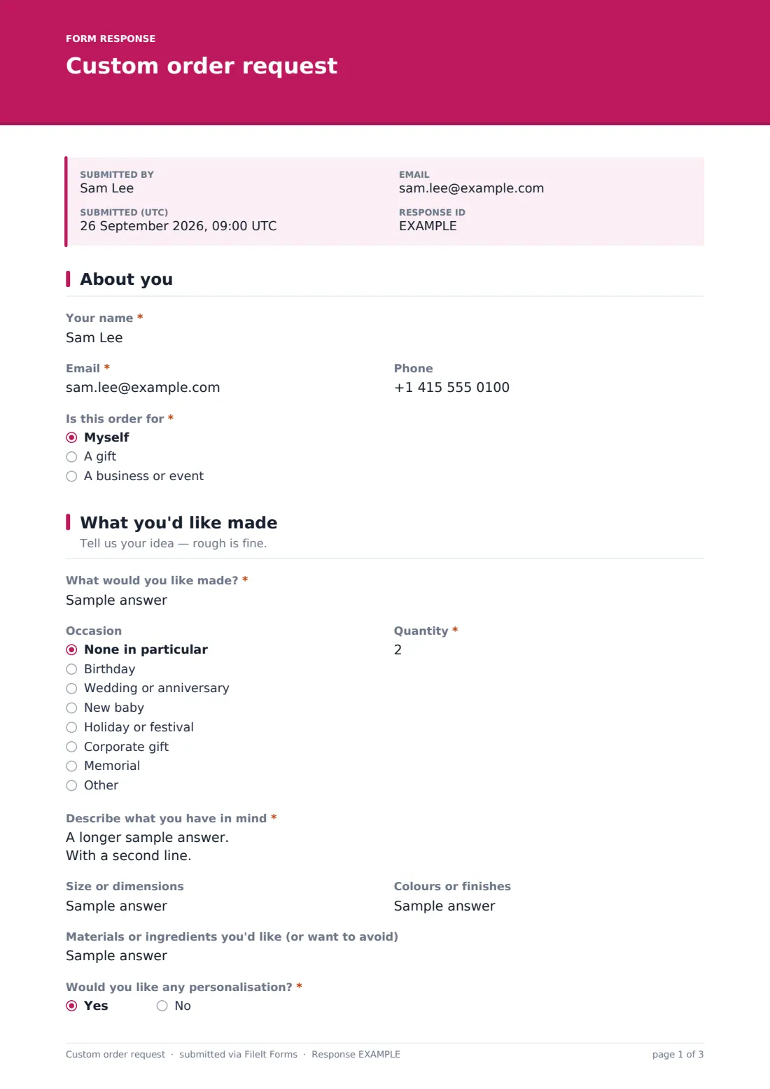Custom order request — example response PDF, page 1 of 3