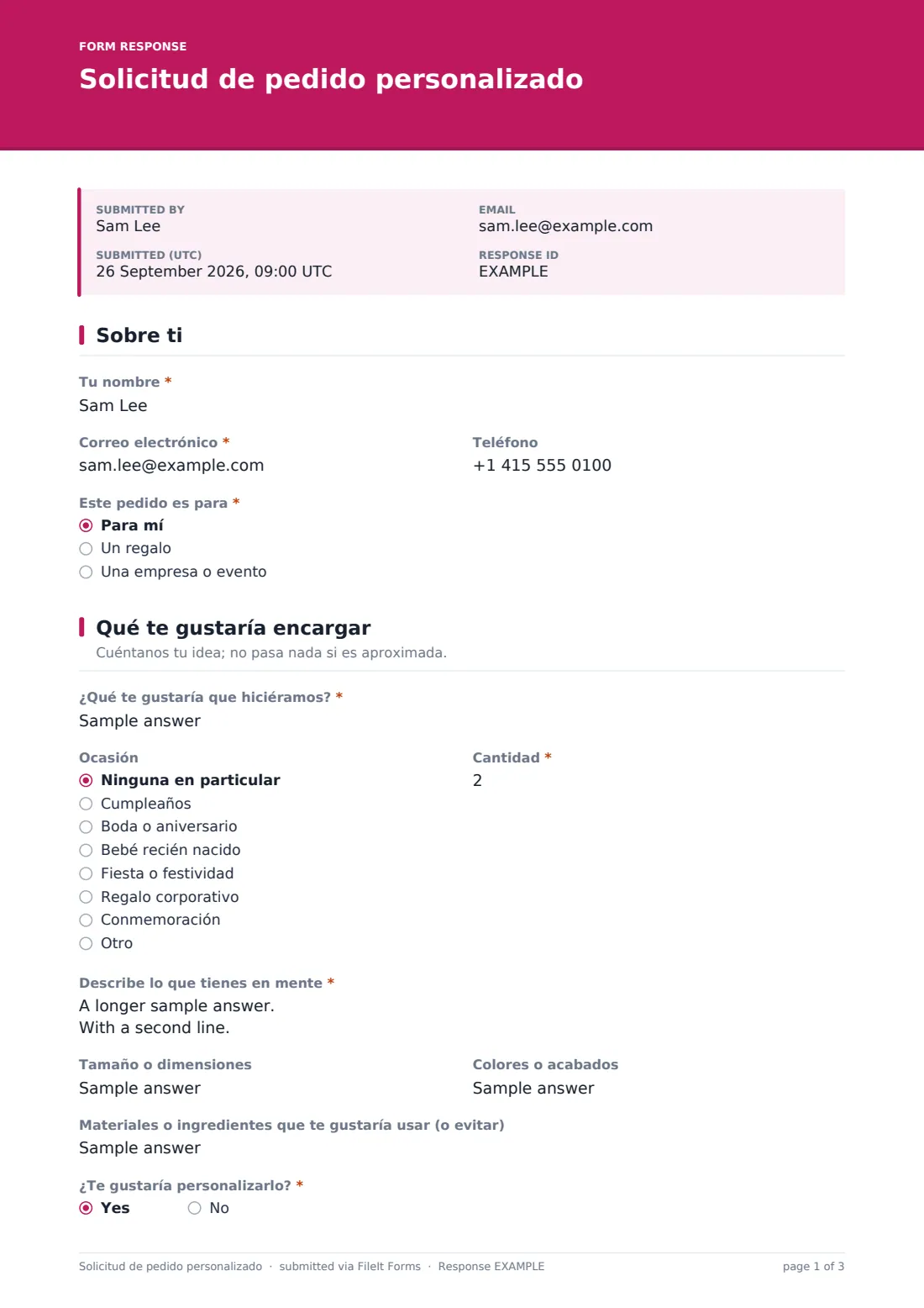 Solicitud de pedido personalizado — PDF de respuesta de ejemplo, página 1 de 3
