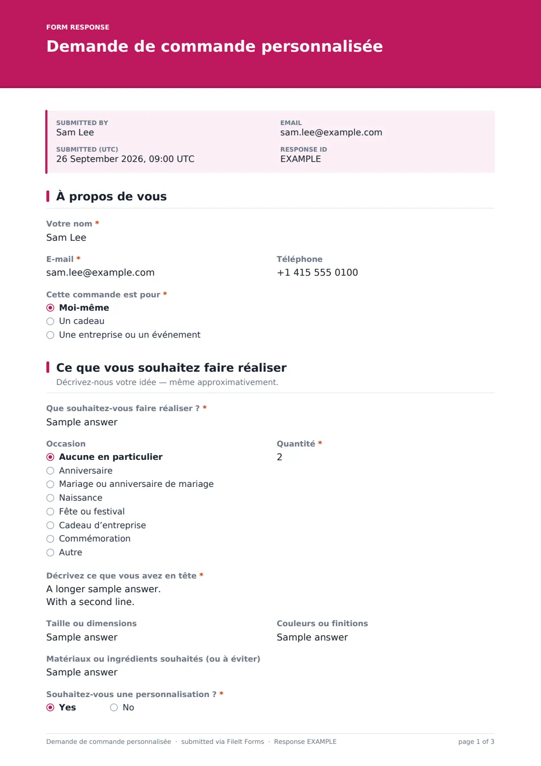 Demande de commande personnalisée — exemple de réponse au format PDF, page 1 sur 3