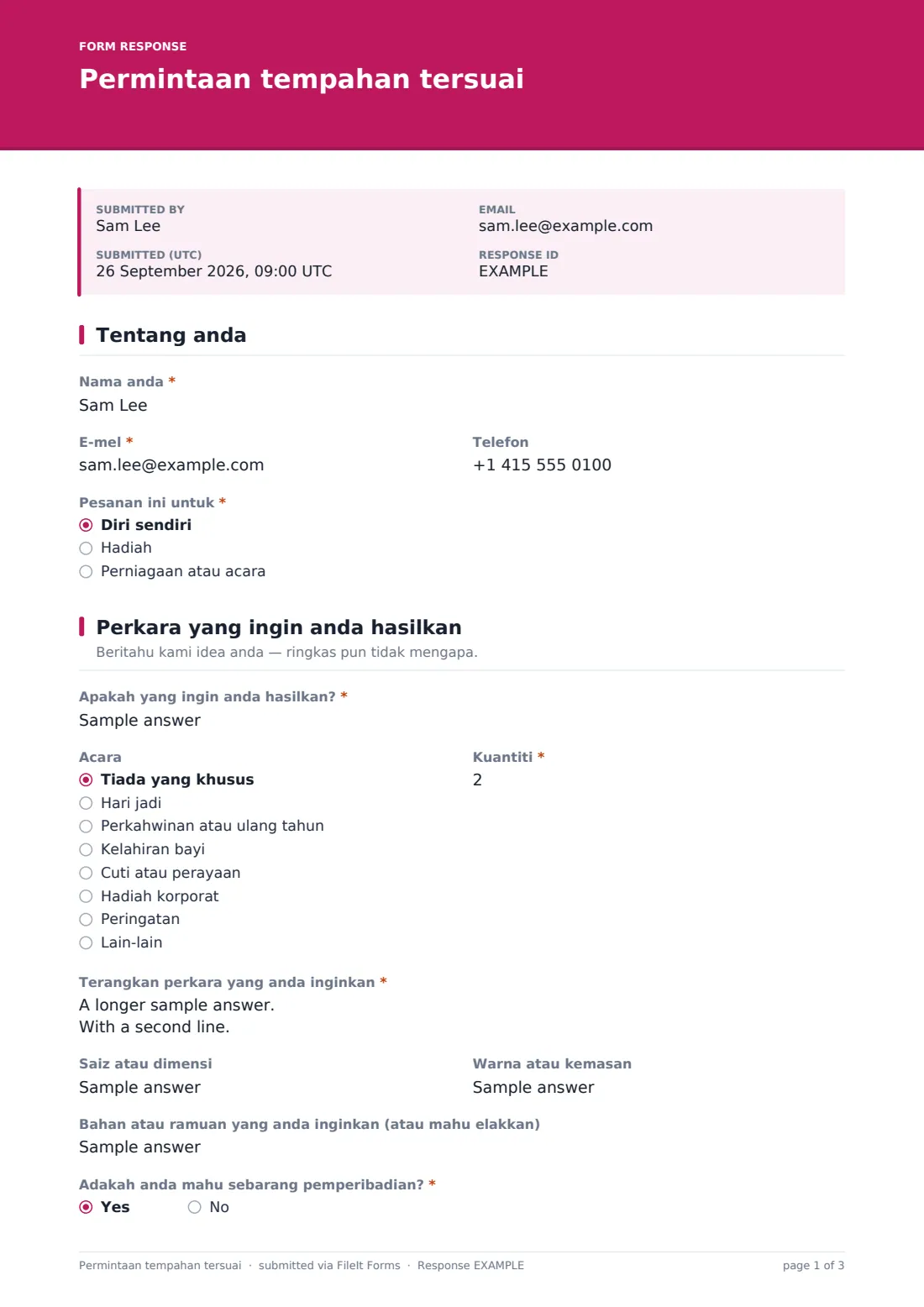 Permintaan tempahan tersuai — PDF respons contoh, halaman 1 daripada 3