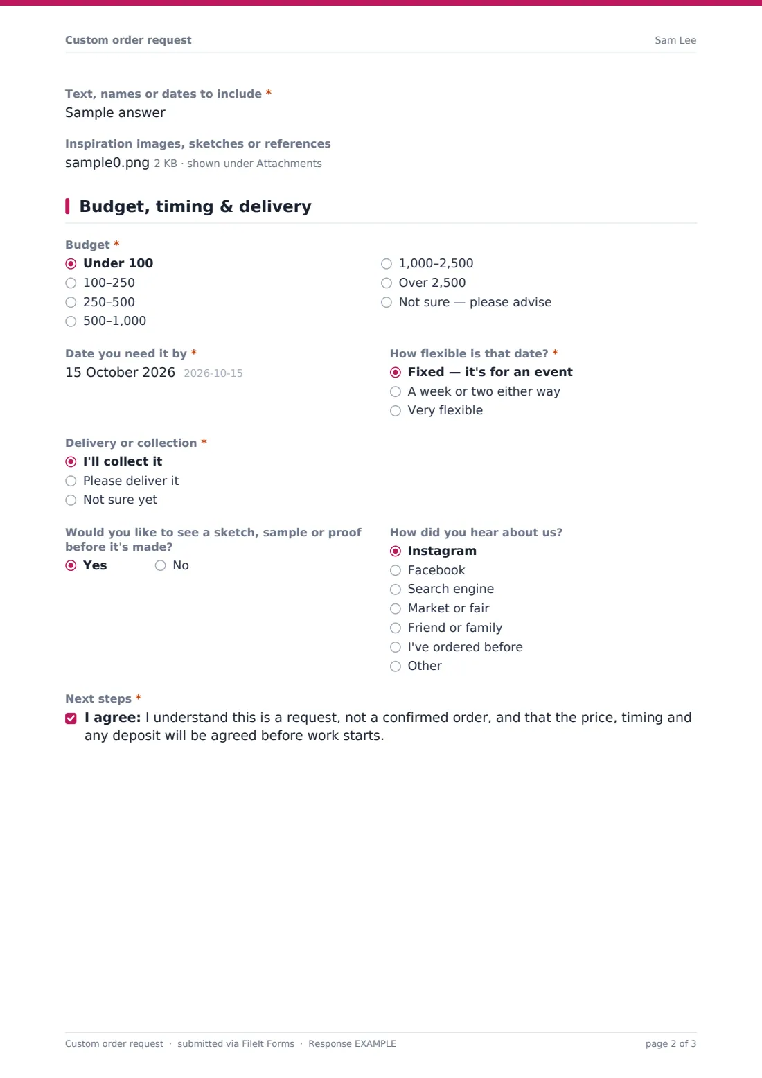Custom order request — example response PDF, page 2 of 3