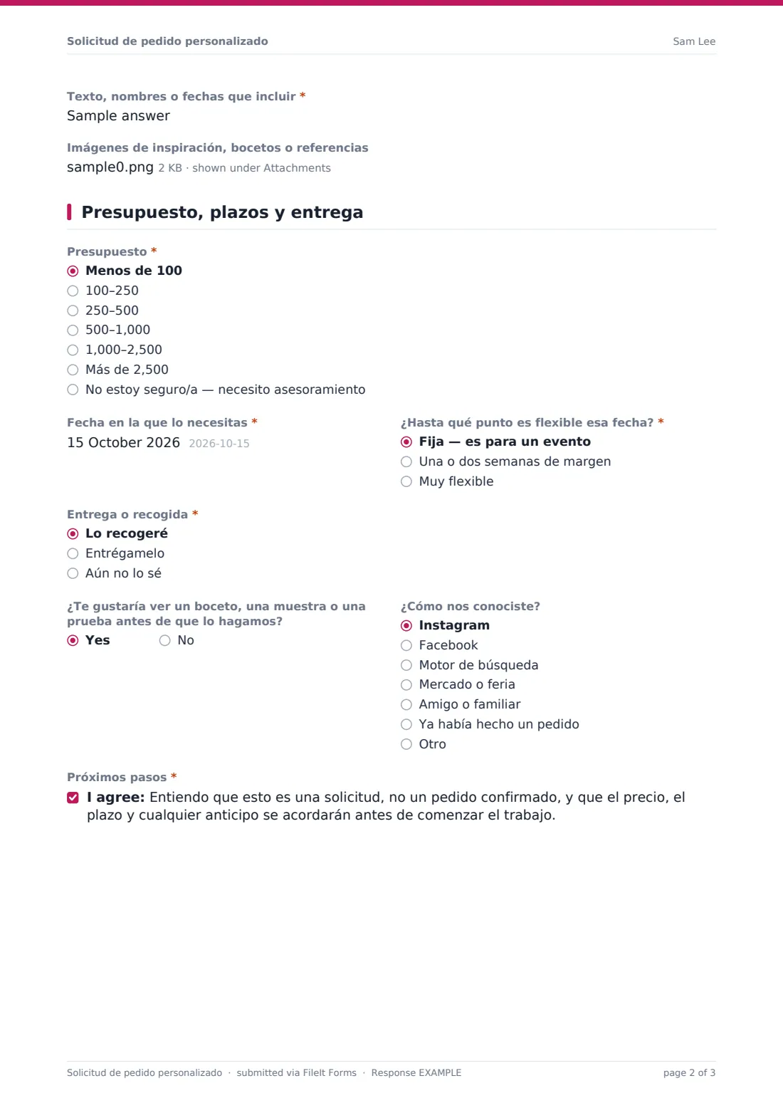 Solicitud de pedido personalizado — PDF de respuesta de ejemplo, página 2 de 3