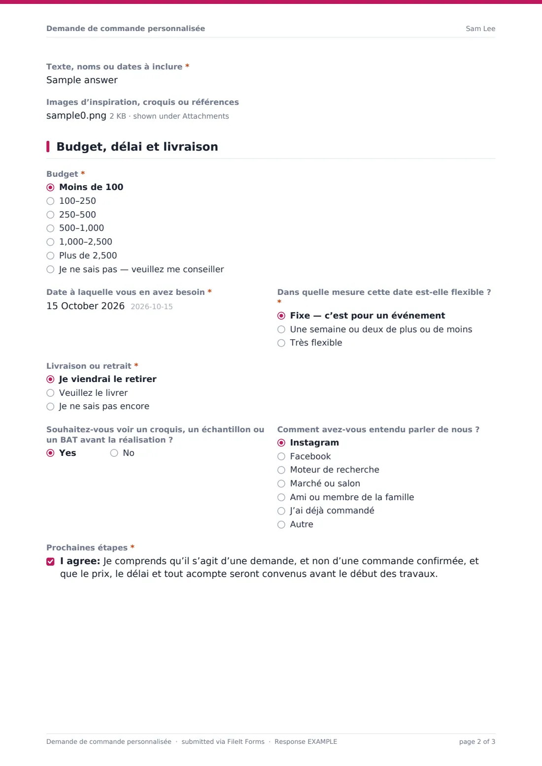 Demande de commande personnalisée — exemple de réponse au format PDF, page 2 sur 3