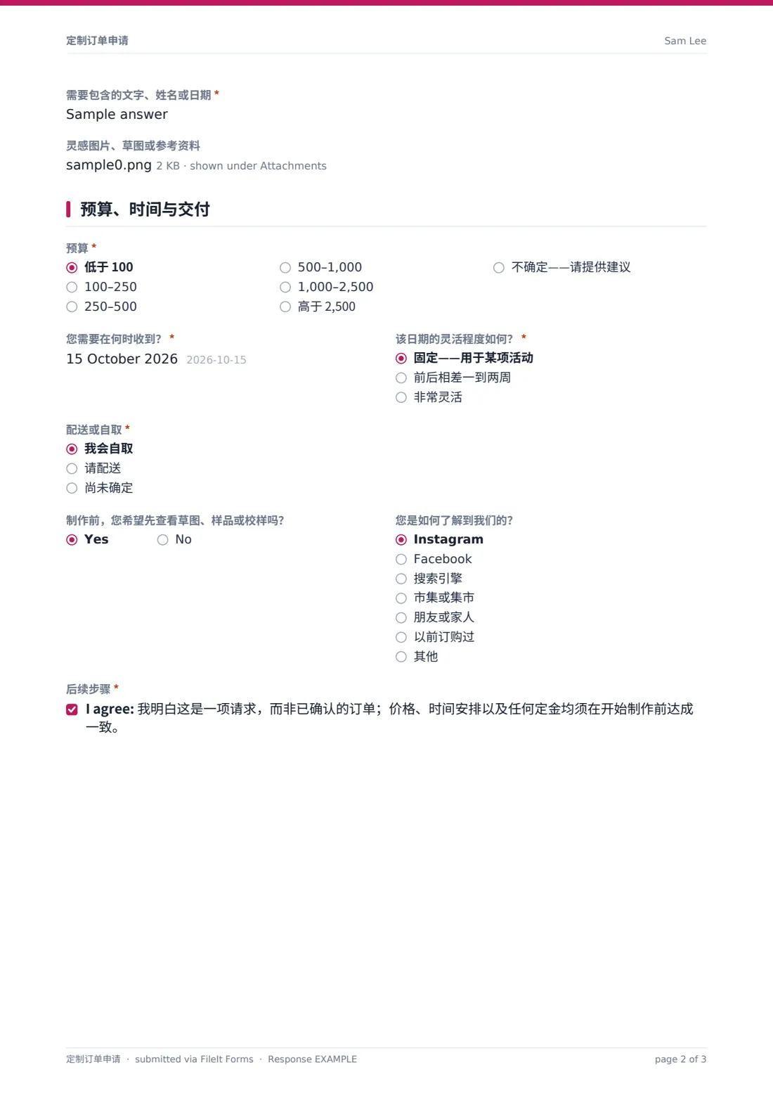 定制订单申请 — 示例回复 PDF，第 2 页，共 3 页