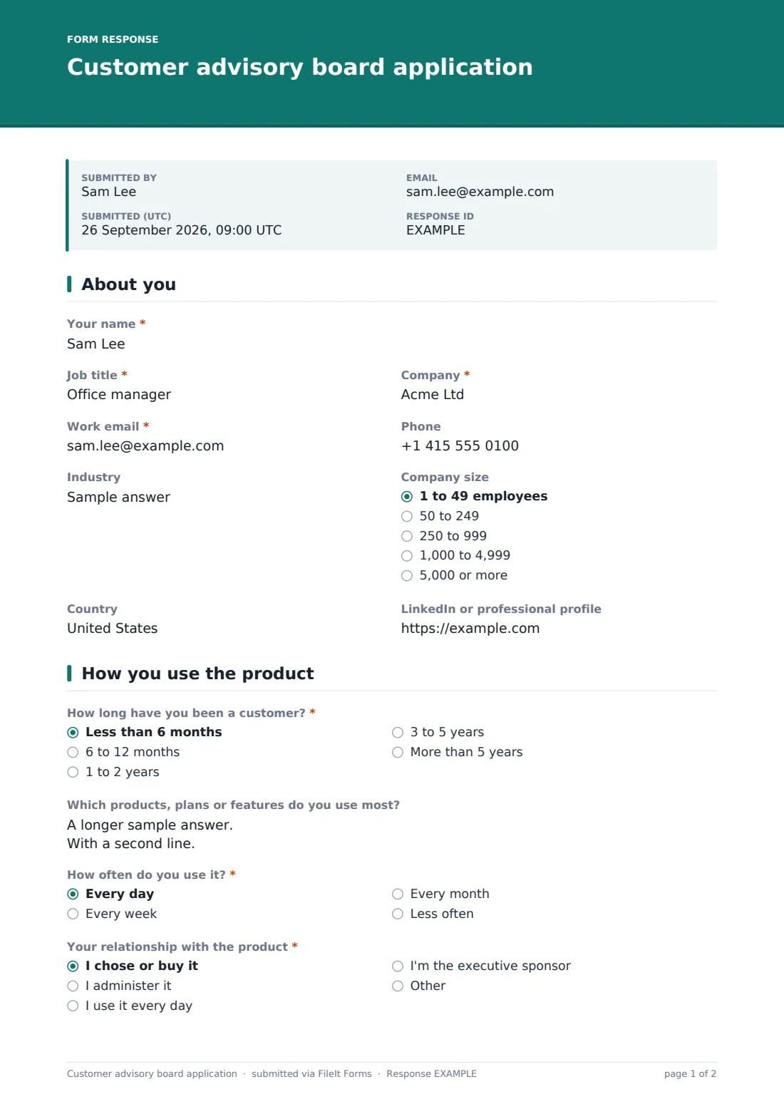 Customer advisory board application — example response PDF, page 1 of 2