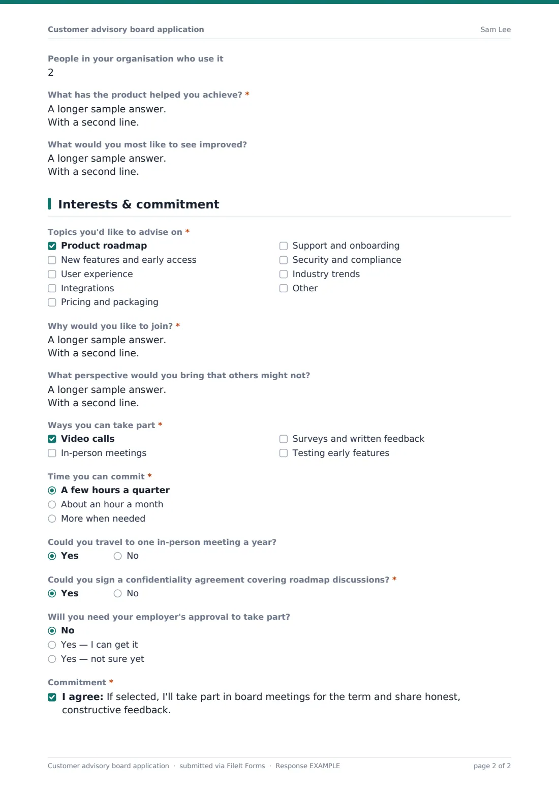 Customer advisory board application — example response PDF, page 2 of 2