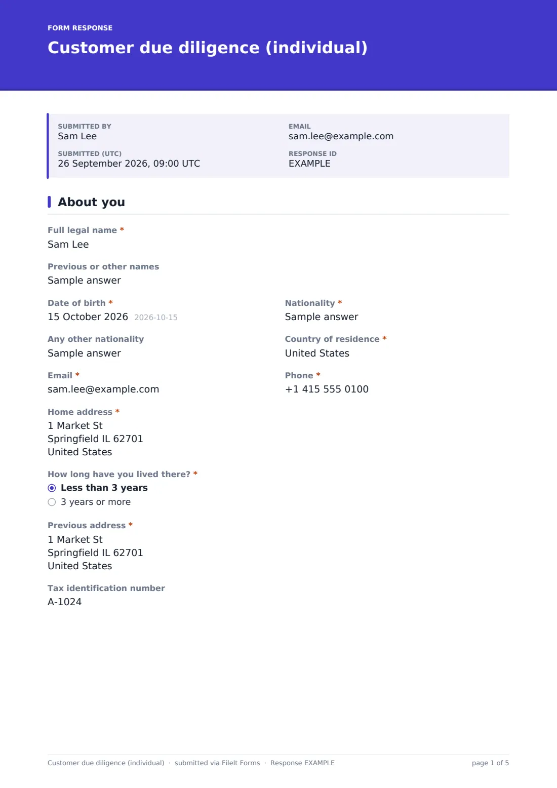 Customer due diligence (individual) — example response PDF, page 1 of 5