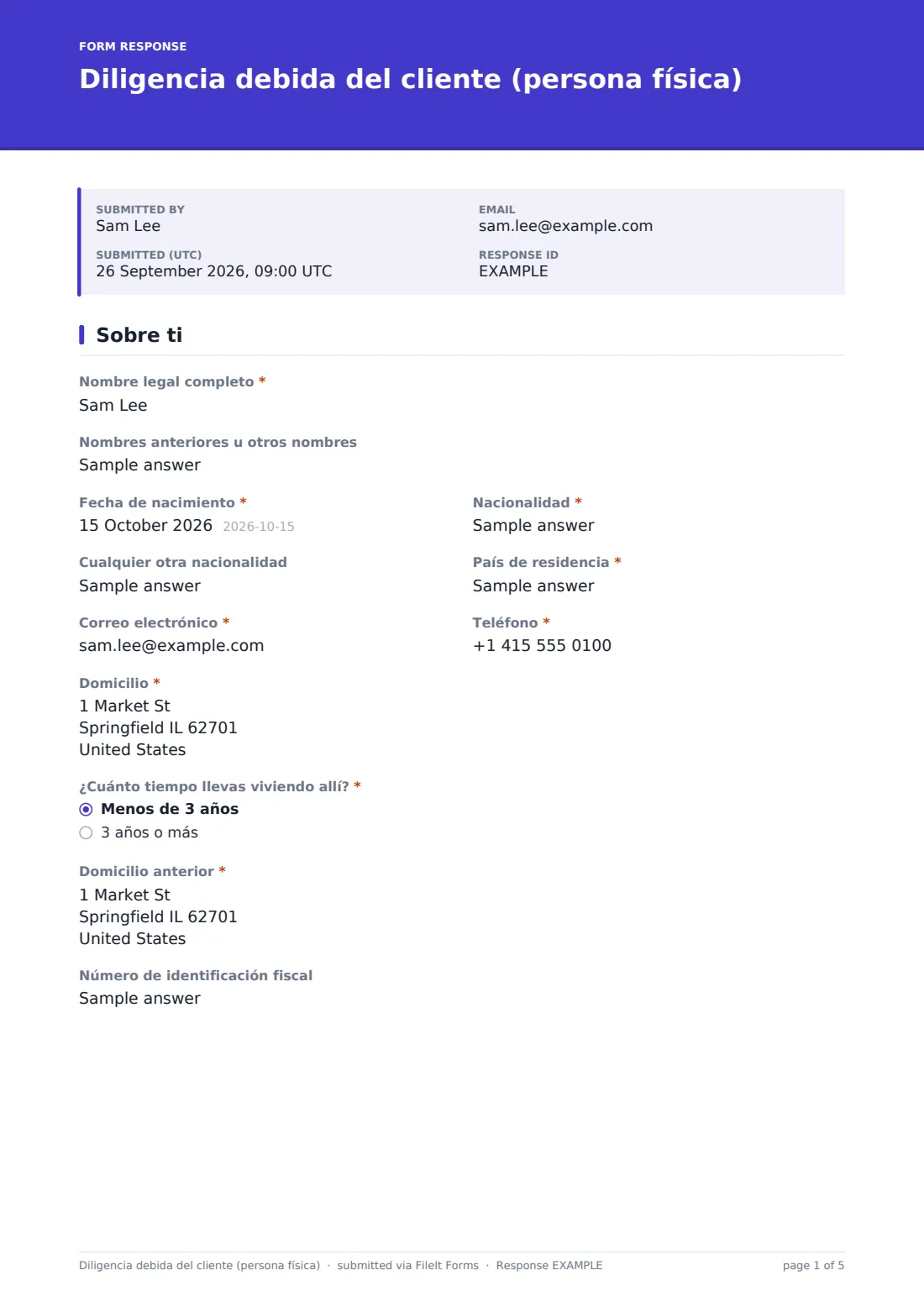 Diligencia debida del cliente (persona física) — PDF de respuesta de ejemplo, página 1 de 5