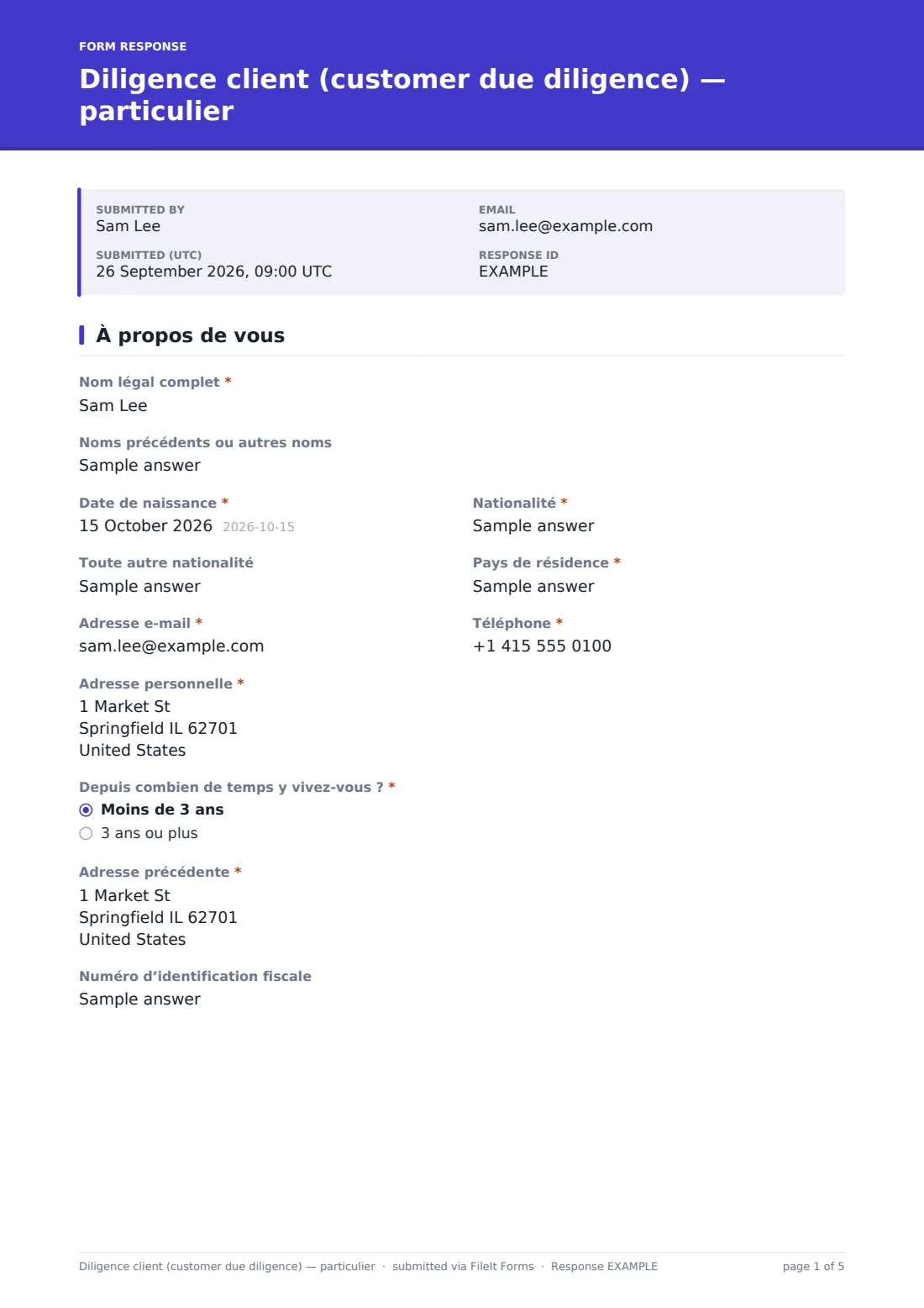 Diligence client (customer due diligence) — particulier — exemple de réponse au format PDF, page 1 sur 5