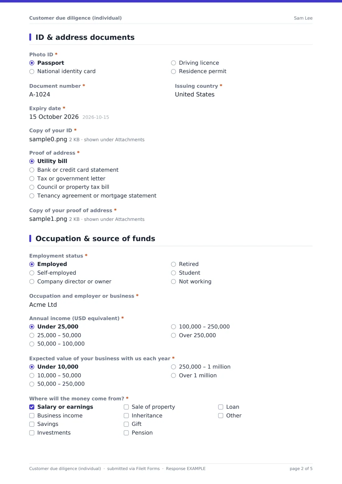 Customer due diligence (individual) — example response PDF, page 2 of 5