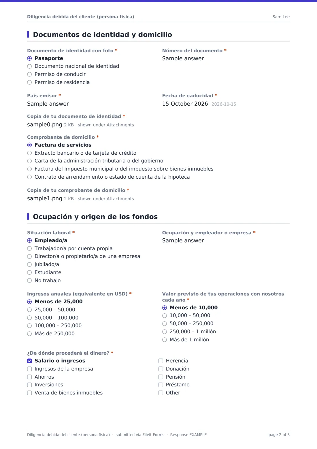 Diligencia debida del cliente (persona física) — PDF de respuesta de ejemplo, página 2 de 5