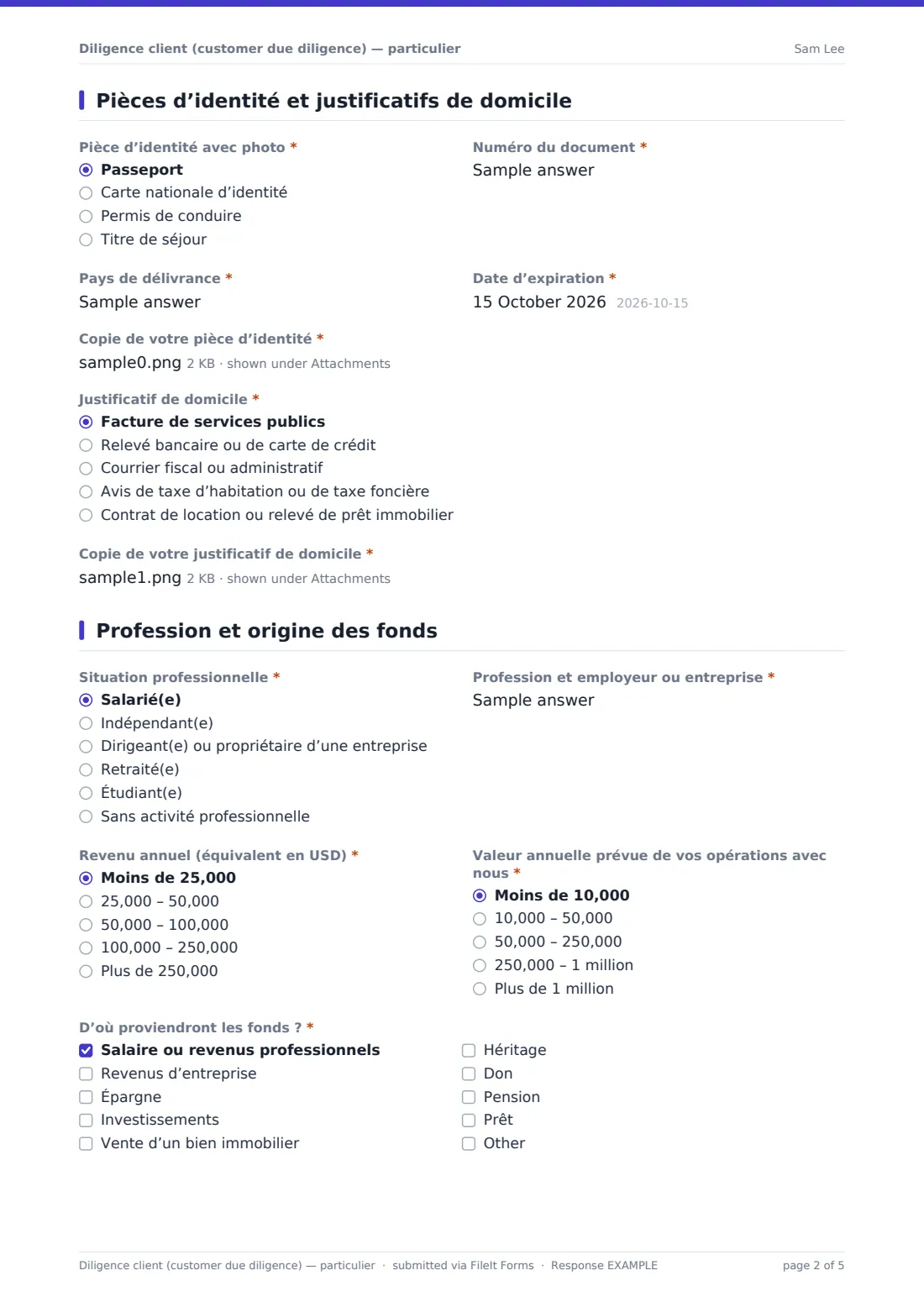 Diligence client (customer due diligence) — particulier — exemple de réponse au format PDF, page 2 sur 5