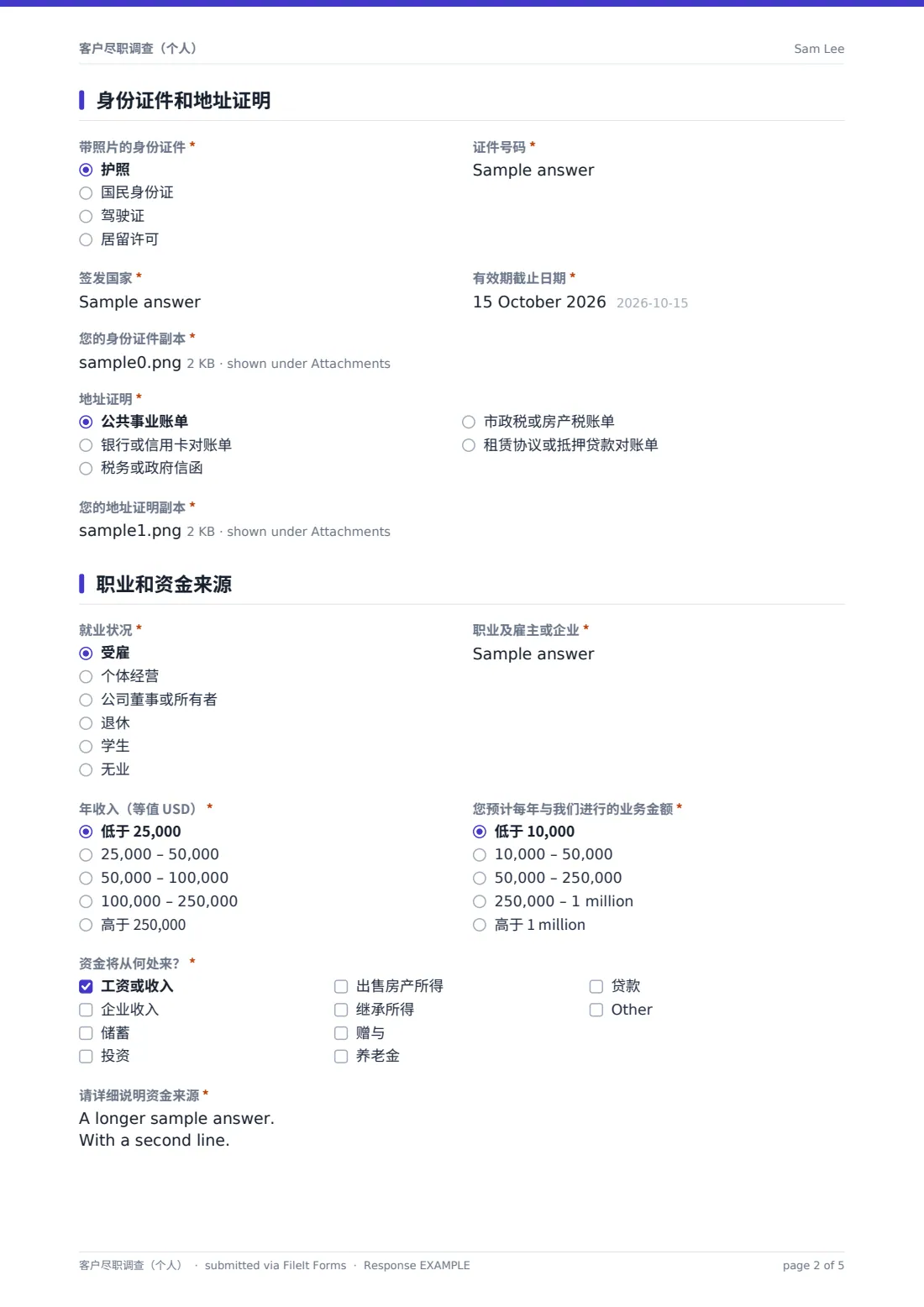客户尽职调查（个人） — 示例回复 PDF，第 2 页，共 5 页