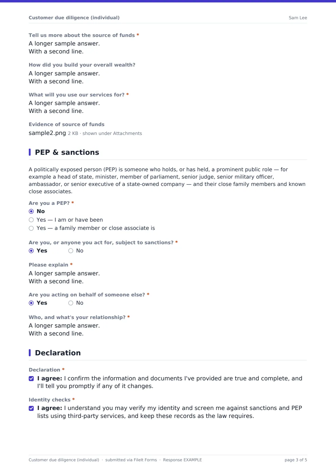 Customer due diligence (individual) — example response PDF, page 3 of 5