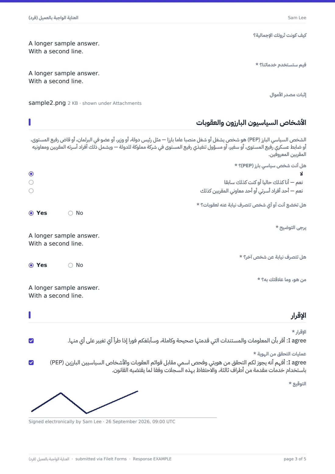العناية الواجبة بالعميل (فرد) — ملف PDF لرد نموذجي، الصفحة 3 من 5