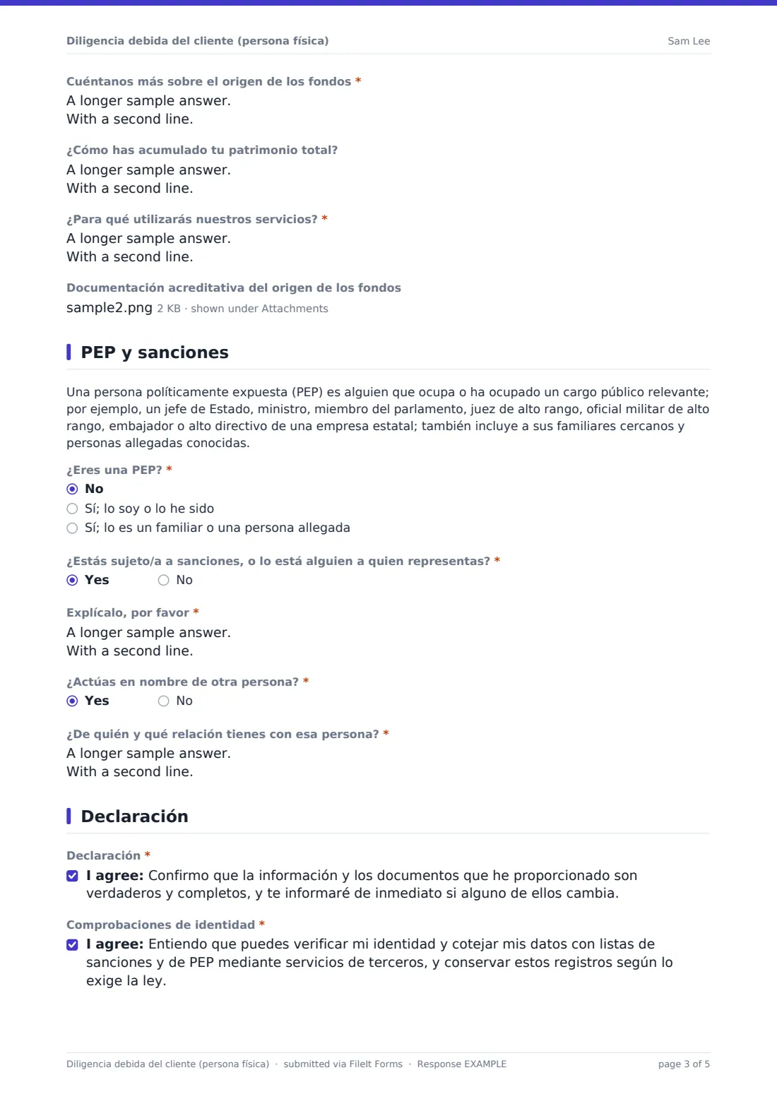 Diligencia debida del cliente (persona física) — PDF de respuesta de ejemplo, página 3 de 5