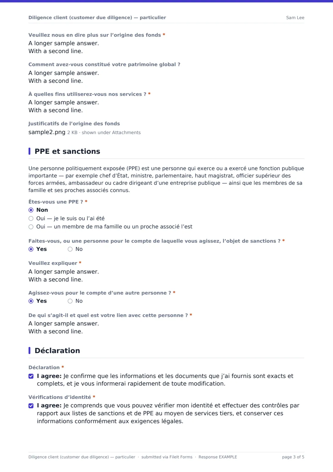 Diligence client (customer due diligence) — particulier — exemple de réponse au format PDF, page 3 sur 5