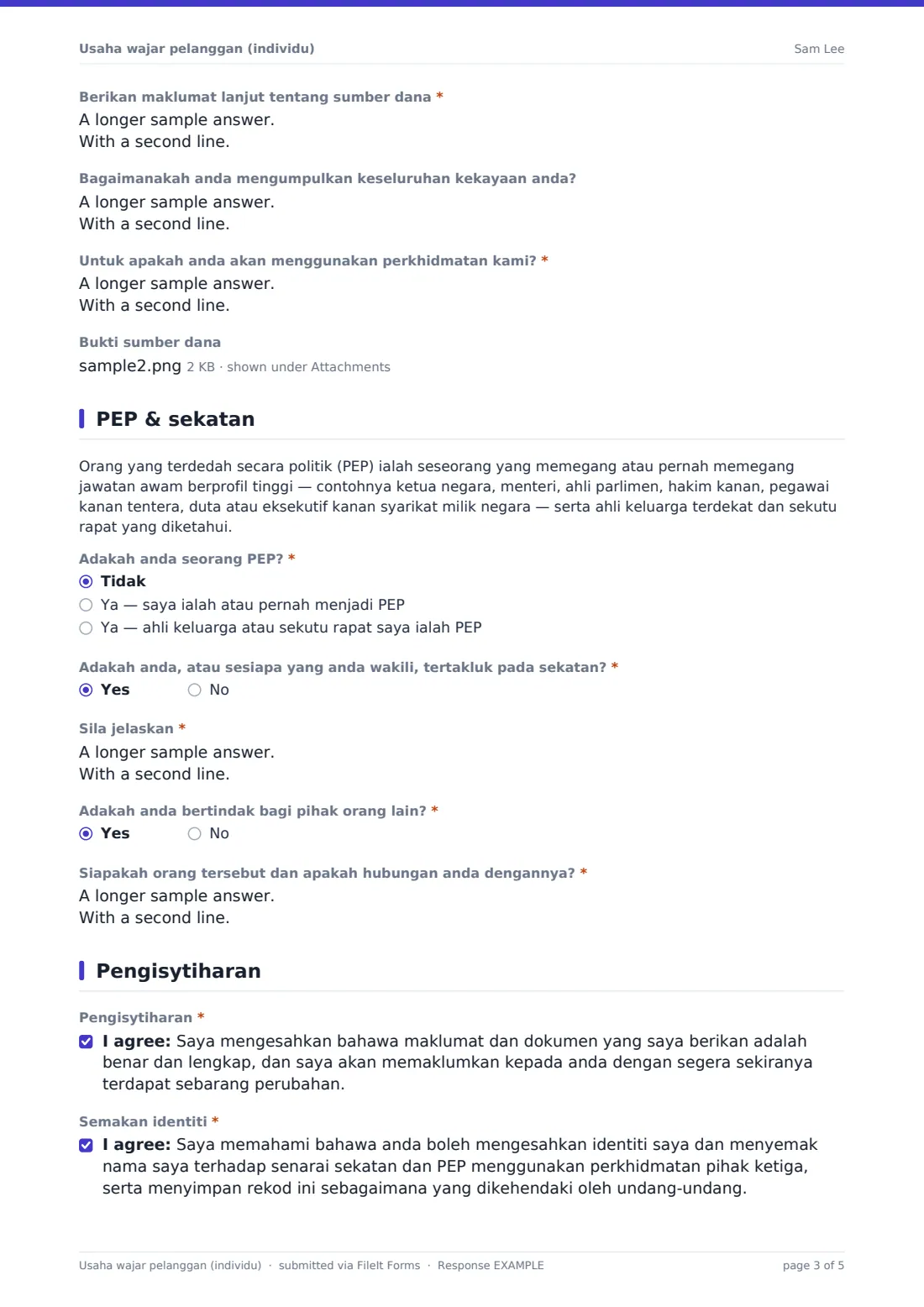 Usaha wajar pelanggan (individu) — PDF respons contoh, halaman 3 daripada 5