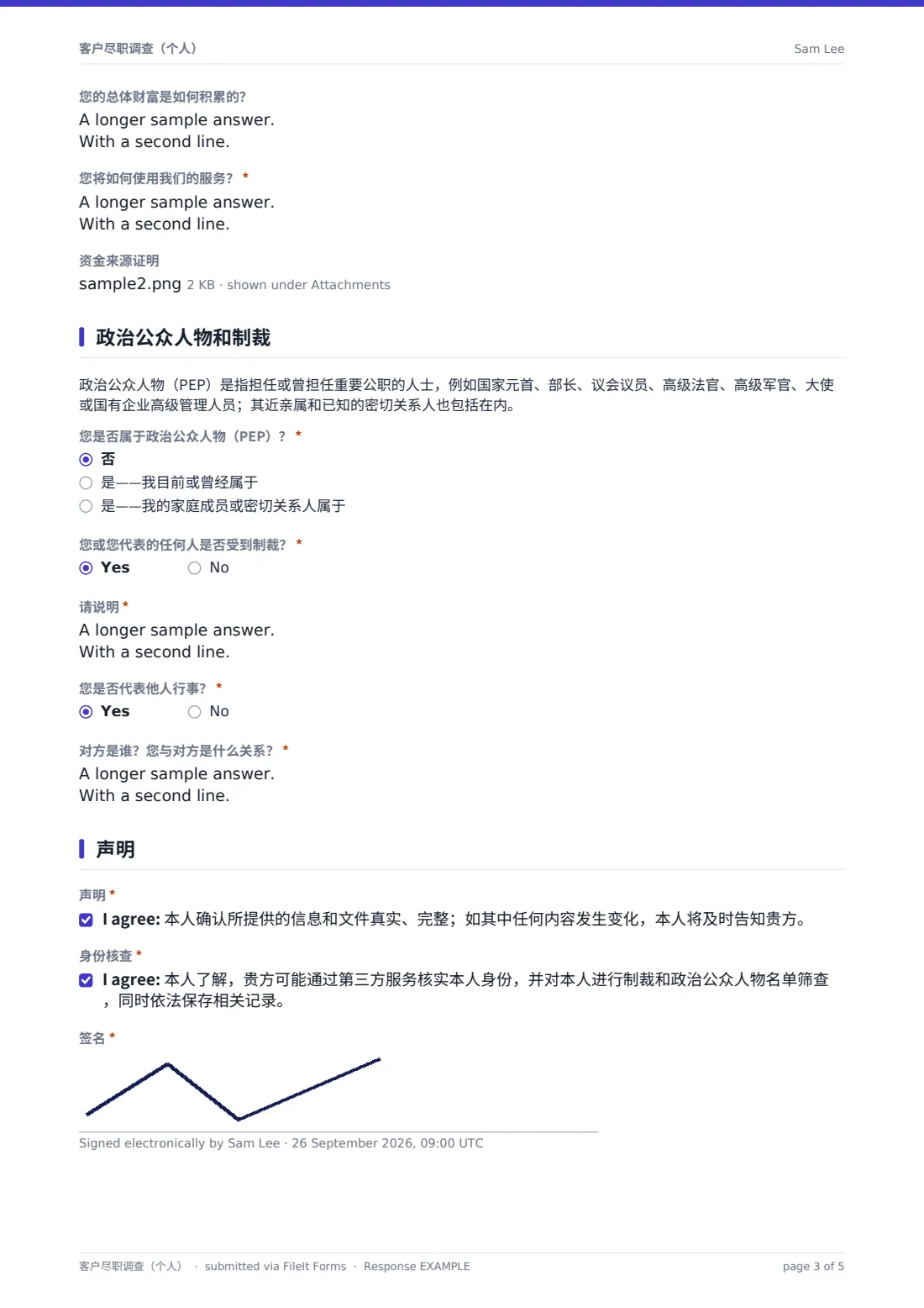 客户尽职调查（个人） — 示例回复 PDF，第 3 页，共 5 页
