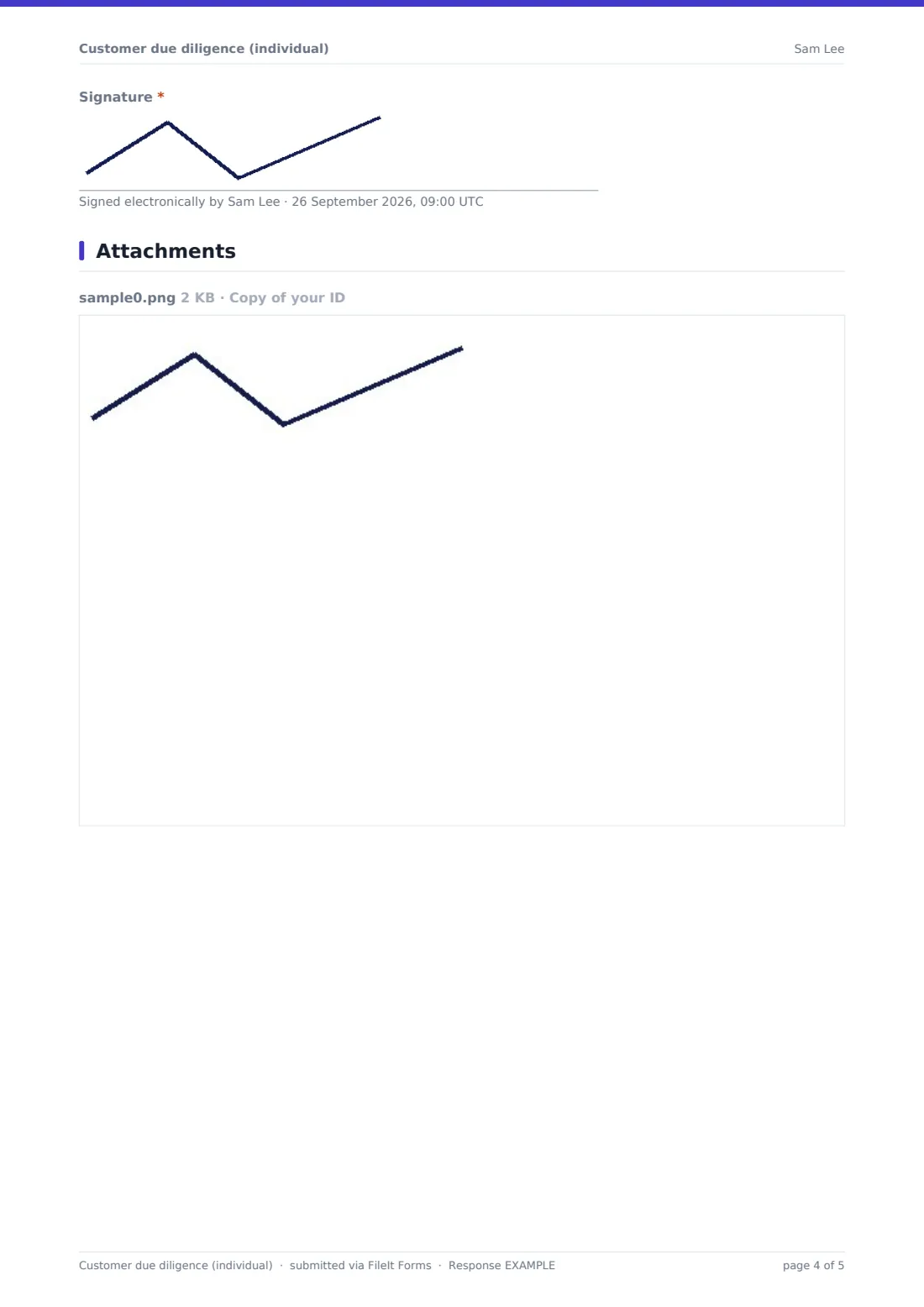 Customer due diligence (individual) — example response PDF, page 4 of 5