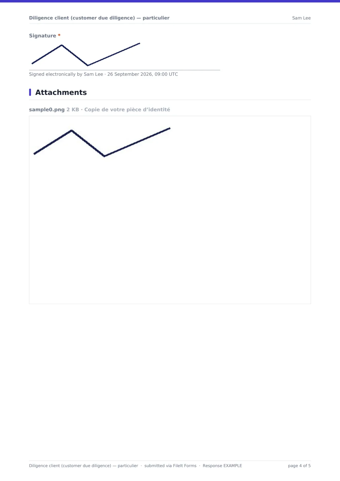 Diligence client (customer due diligence) — particulier — exemple de réponse au format PDF, page 4 sur 5
