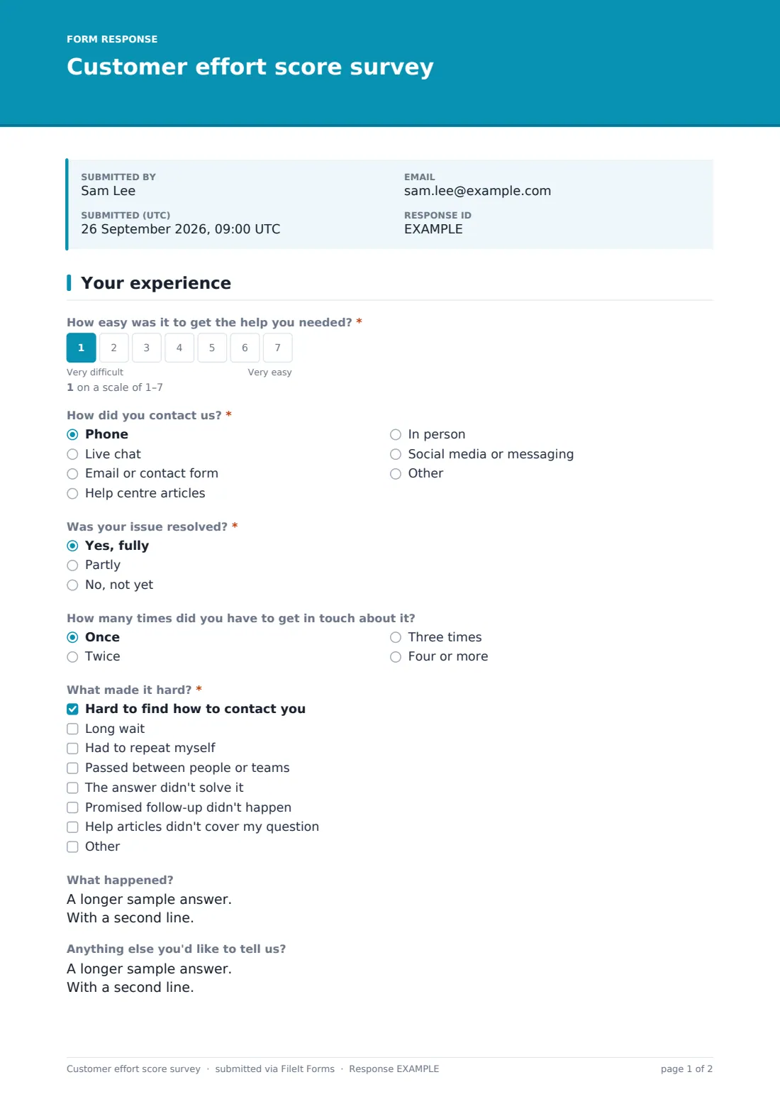 Customer effort score survey — example response PDF, page 1 of 2