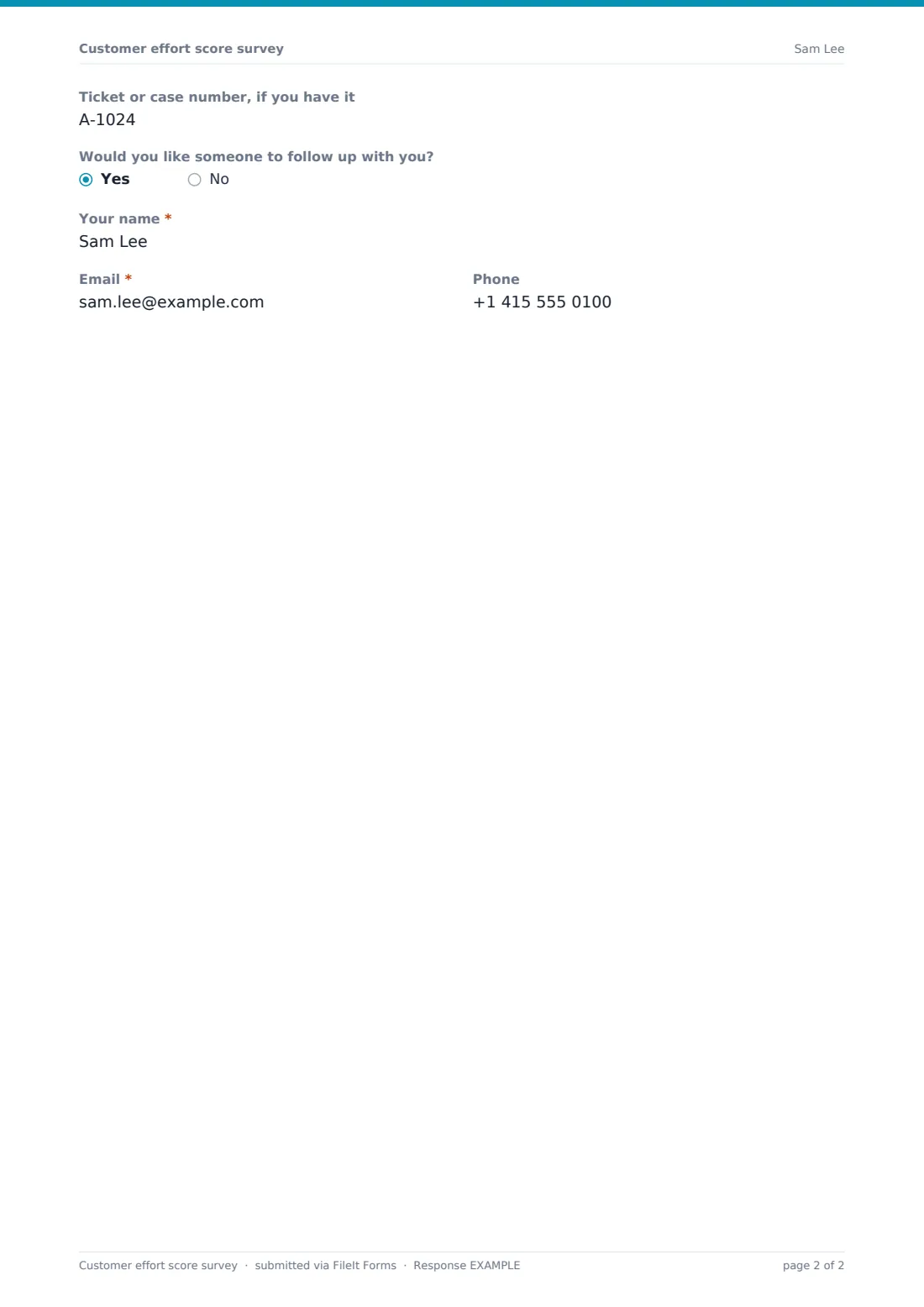 Customer effort score survey — example response PDF, page 2 of 2