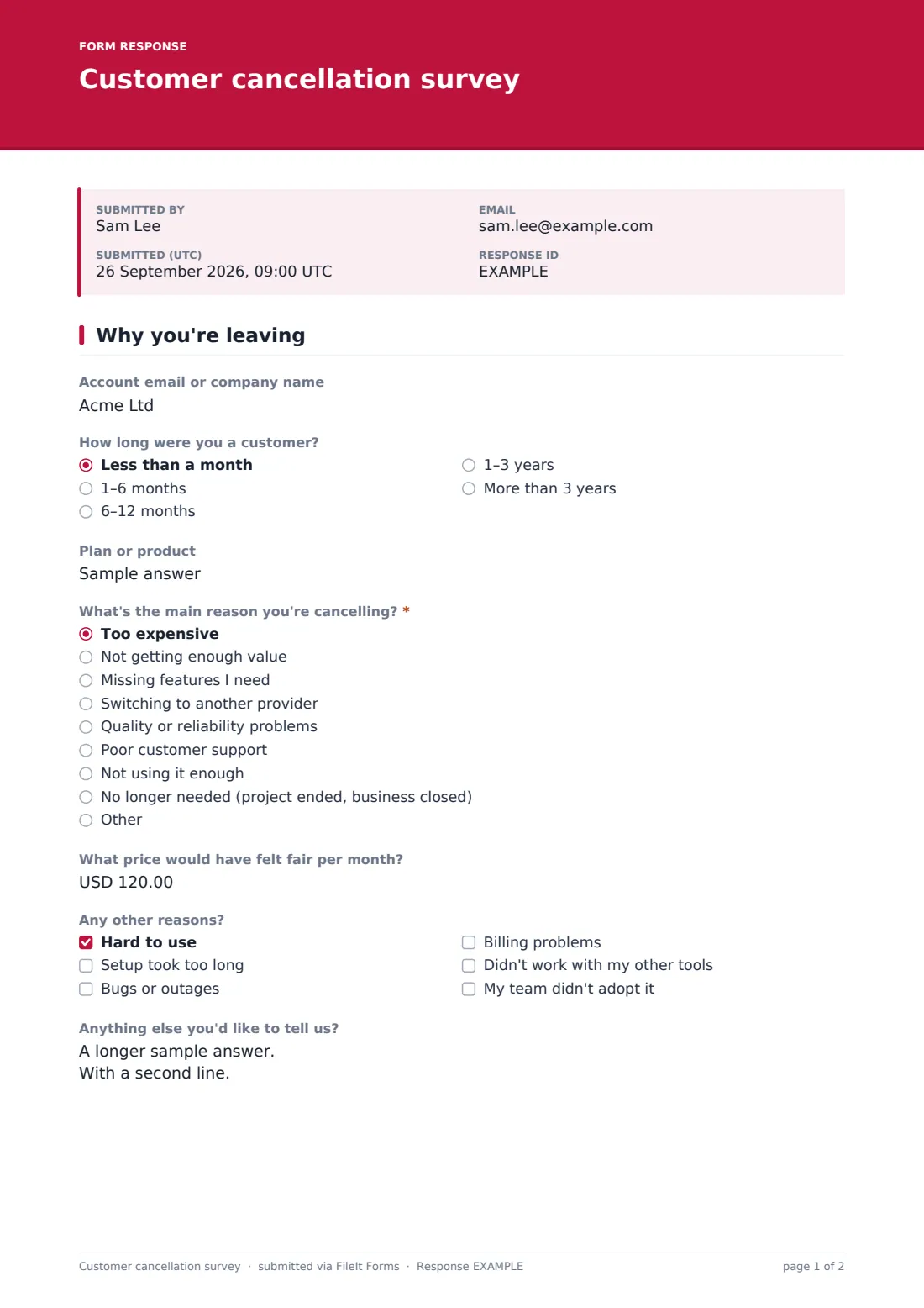 Customer cancellation survey — example response PDF, page 1 of 2