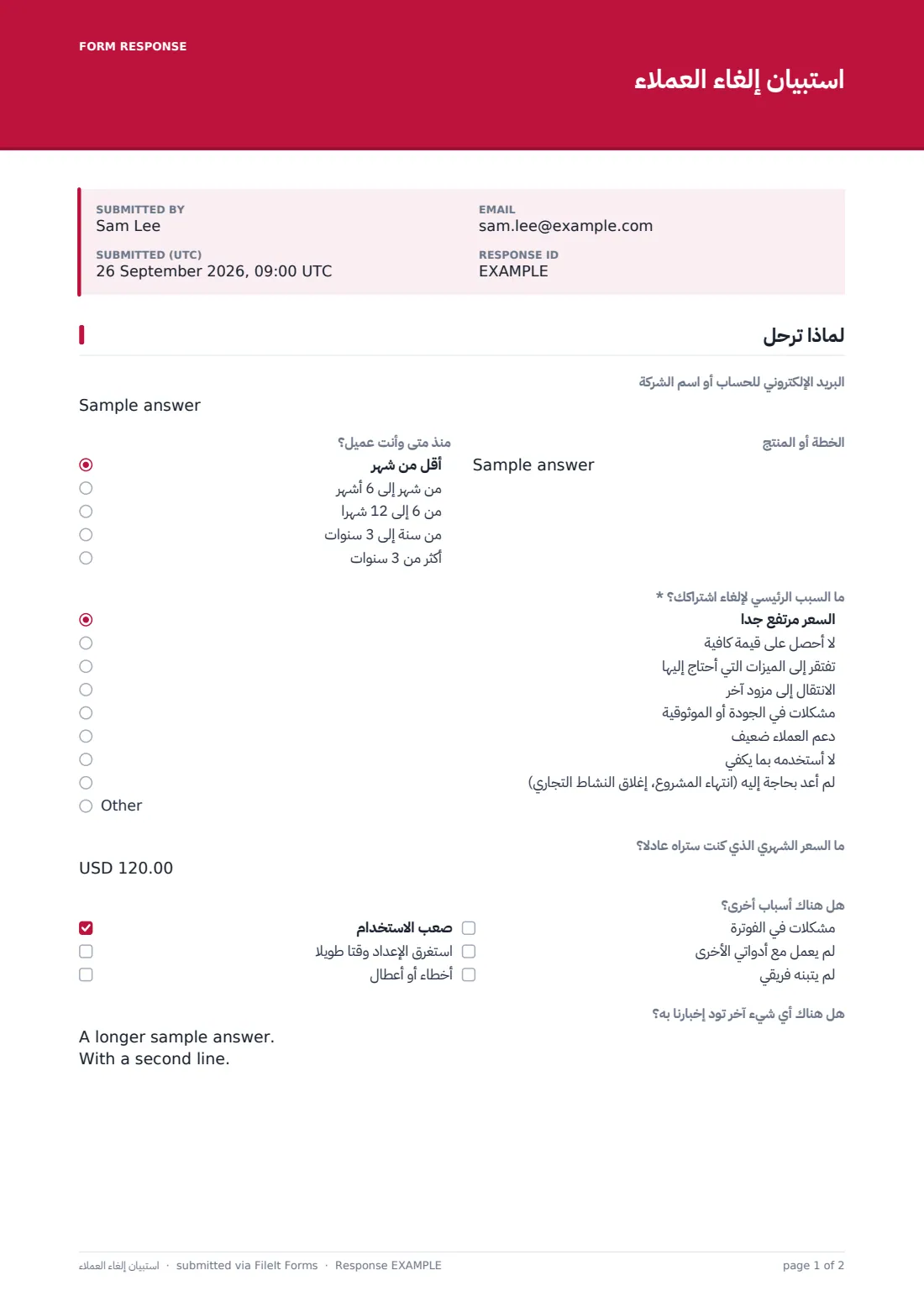 استبيان إلغاء العملاء — ملف PDF لرد نموذجي، الصفحة 1 من 2